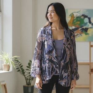 Bob Mackie purple Satin like Shell & Butterfly Kimono. Polyester & Spandex sz L